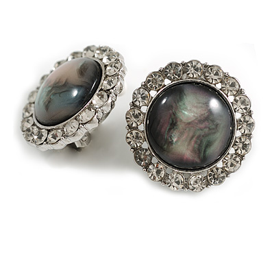 Round Clear Crystal Cat's Eye Stone Clip On Earrings in Silver Tone - 23mm Diameter - main view