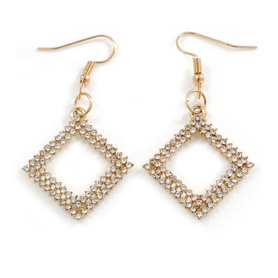 Layered Crystal Square Shaped Drop Earrings in Gold Tone - 50mm L