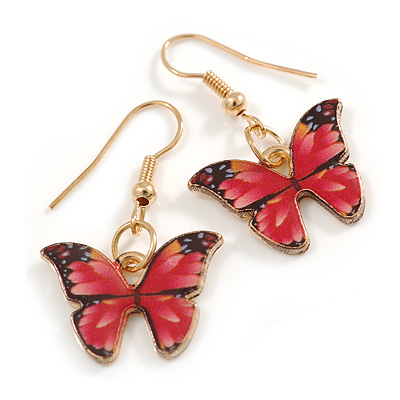 Small Butterfly Drop Earrings in Gold Tone (Red Colours) - 35mm L