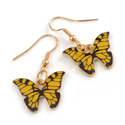 Small Butterfly Drop Earrings in Gold Tone (Yellow/Black Colours) - 35mm L