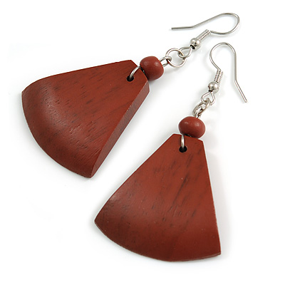 Brown Painted Wood Fan Shape Drop Earrings - 55mm L