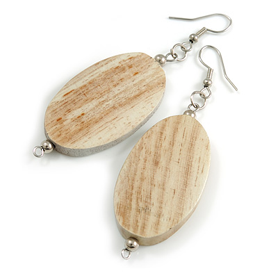 White Washed Wood Oval Drop Earrings - 70mm L - main view