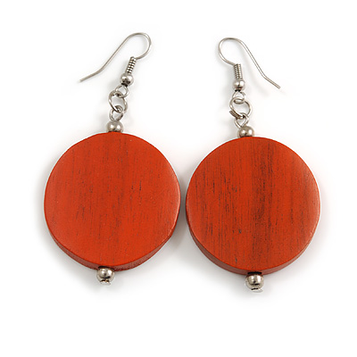 30mm Antique Orange Painted Wood Coin Drop Earrings - 60mm L - main view