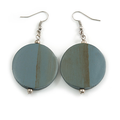 30mm Antique Grey Painted Wood Coin Drop Earrings - 60mm Long