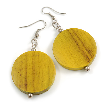 30mm Antique Yellow Painted Wood Coin Drop Earrings - 60mm L - main view