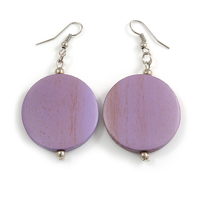 30mm Lilac Purple Washed Wood Coin Drop Earrings - 60mm - main view