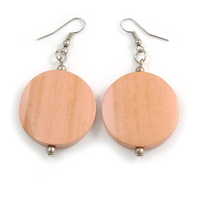 30mm Dusty Pink Painted Wood Coin Drop Earrings - 60mm L