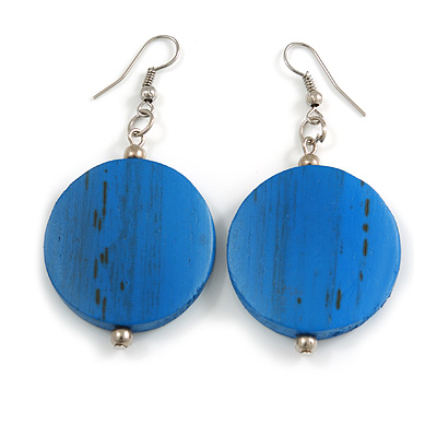 30mm Blue Painted Wood Coin Drop Earrings - 60mm L - main view
