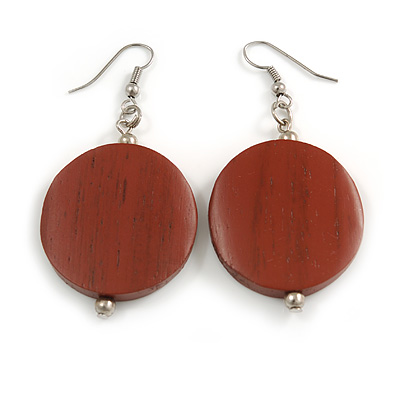 30mm Brown Painted Wood Coin Drop Earrings - 60mm L - main view