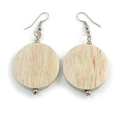 30mm White Washed Wood Coin Drop Earrings - 60mm L