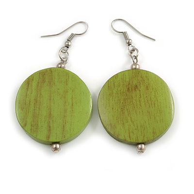 30mm Lime Green Painted Wood Coin Drop Earrings - 60mm L - main view