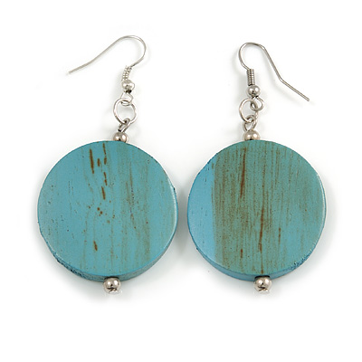 30mm Light Blue Washed Wood Coin Drop Earrings - 60mm L - main view