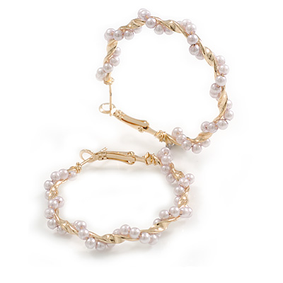 40mm D/ Medium Twisted Hoop Earrings with Faux Pearl Bead Element in Gold Tone