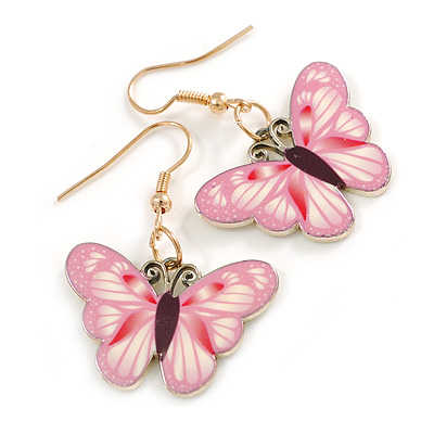 Pink/White Enamel Butterfly Drop Earrings in Gold Tone - 40mm Long - main view