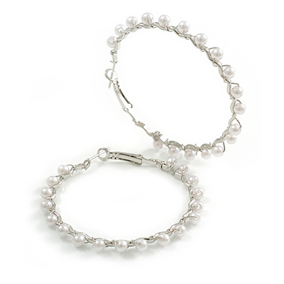 Large Twisted Hoop Earrings with Faux Pearl Bead Element in Silver Tone/ 50mm Diameter - main view