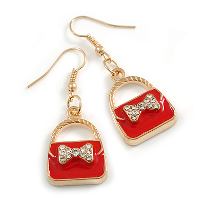 Red Enamel with Crystal Bow Bag Drop Earrings in Gold Tone - 45mm Long - main view