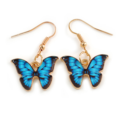 Small Butterfly Drop Earrings in Gold Tone (Blue/Black Colours) - 35mm L - main view
