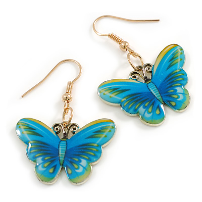 Blue/Yellow Enamel Butterfly Drop Earrings in Gold Tone - 40mm Long - main view