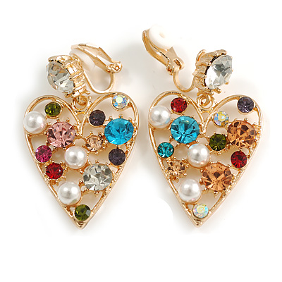 Multicoloured Crystal Heart Clip On Earrings in Gold Tone - 40mm Tall - main view