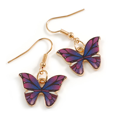 Small Butterfly Drop Earrings in Gold Tone (Purple/Blue Colours) - 35mm L - main view