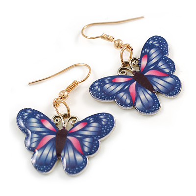 Blue/Pink Enamel Butterfly Drop Earrings in Gold Tone - 40mm Long - main view