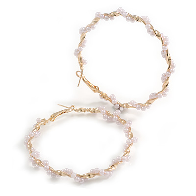 60mm D/ Large Twisted Hoop Earrings with Faux Pearl Bead Element in Gold Tone - main view
