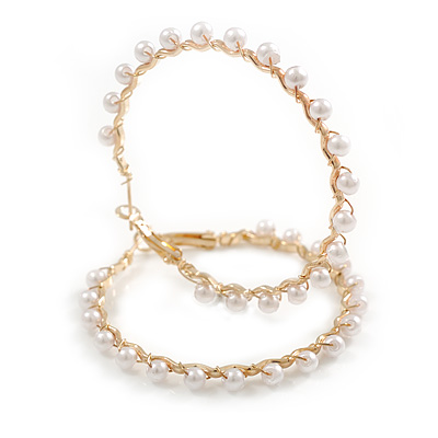 Large Twisted Hoop Earrings with Faux Pearl Bead Element in Gold Tone/ 50mm Diameter - main view