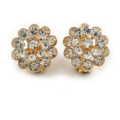 Crystal Layered Flower Clip On Earrings in Gold Tone Metal - 20mm D - main view