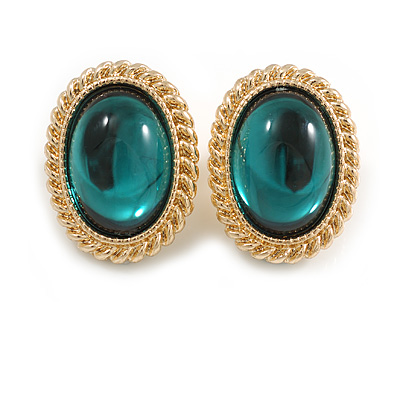 Statement Oval Green Glass Stud Earrings in Gold Tone - 25mm Tall - main view