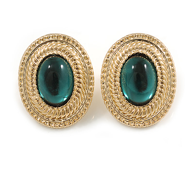 25mm Oval Textured Green Glass Stone Stud Earrings in Gold Tone - main view