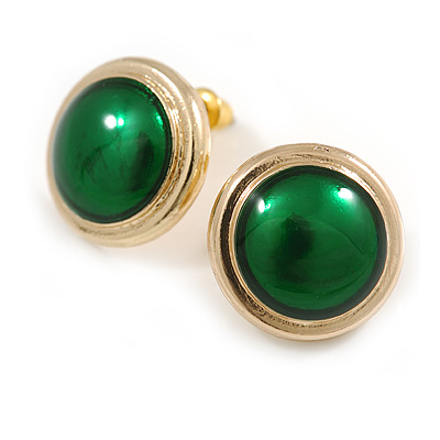 17mm D/ Green Enamel Round Dome Shape Stud Earrings in Gold Tone - main view