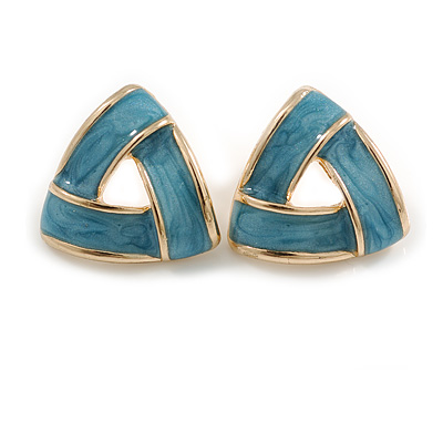 Blue Enamel Triangular Stud Earrings in Gold Tone - 20mm Across - main view