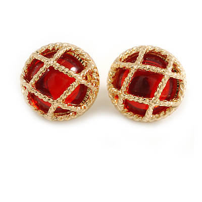 Vintage Inspired Dome Shaped with Red Glass Bead Stud Earrings in Gold Tone - 20mm D - main view