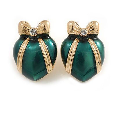 Green Enamel Heart Stud Earrings in Gold Tone - 25mm Tall - main view