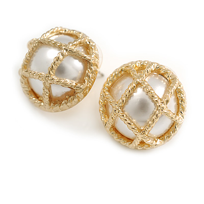 Vintage Inspired Dome Shaped with White Faux Pearl Bead Stud Earrings in Gold Tone - 20mm D - main view