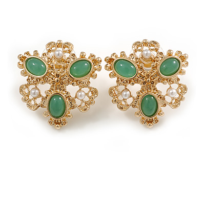 Victorian Style Green Stones White Faux Pearl Stud Earrings in Gold Tone - 25mm Tall - main view