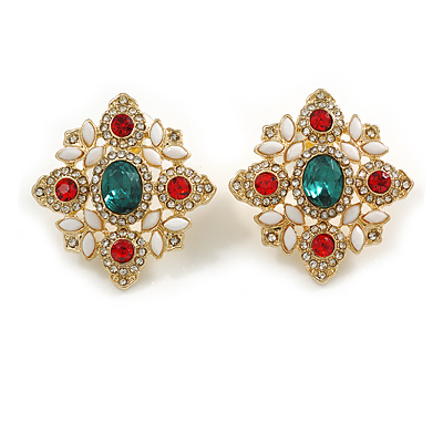 Victorian Style Red/Green/Clear Crystal Stud Earrings in Gold Tone - 30mm Tall - main view