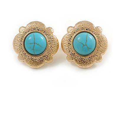 Gold Tone Textured with Turquoise Stone Flower Stud Earrings - 25mm D - main view