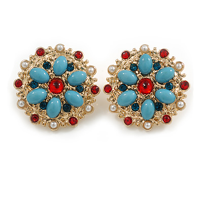 25mm D/ Vintage Inspired Blue/ Red Acrylic and Crystal Bead Floral Stud Earrings in Gold Tone - main view
