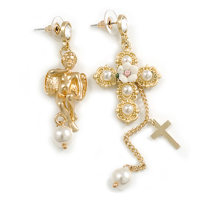 Cupid and Cross Dangle Assymetrical Earrings in Bright Gold Tone - 90mm Long - main view