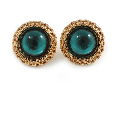 25mm Round Green Glass Stud Earrings in Gold Tone - main view