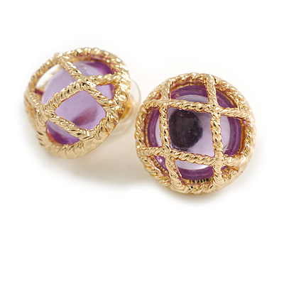 Vintage Inspired Dome Shaped with Purple Glass Bead Stud Earrings in Gold Tone - 20mm D - main view