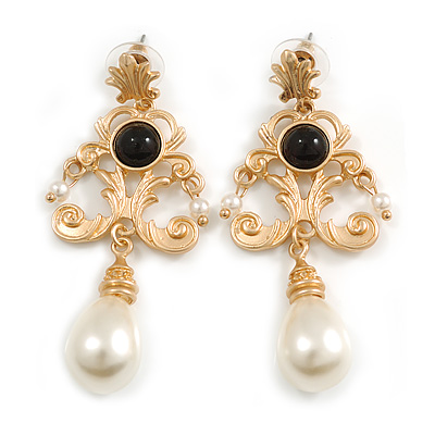 Victorian Style Faux Pearl and Black Acrylic Bead Light Gold Tone Drop Earrings - 65mm L - main view