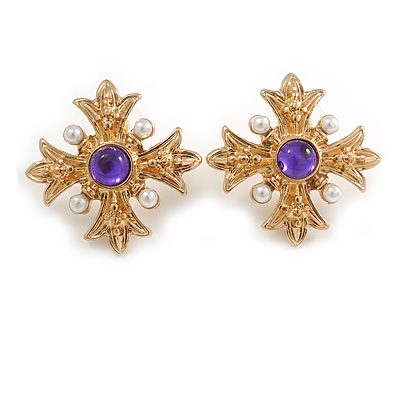 Vintage Inspired Cross Stud Earrings with Purple Stones/ White Pearl Beads - 27mm Across - main view