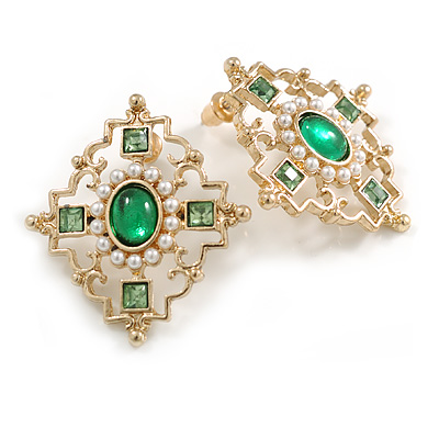 Victorian Style Green Crystal White Faux Pearl Diamond Shape Stud Earrings in Gold Tone - 35mm Tall - main view