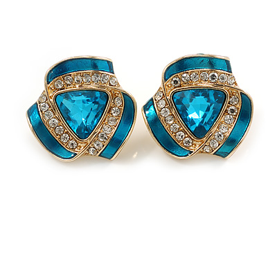Turquoise/Teal Coloured Enamel Crystal Triangular Stud Earrings in Gold Tone - 20mm Across