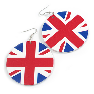 Large UK British Flag/ Union Jack Acrylic Round Drop Earrings - 60mm Diameter - main view