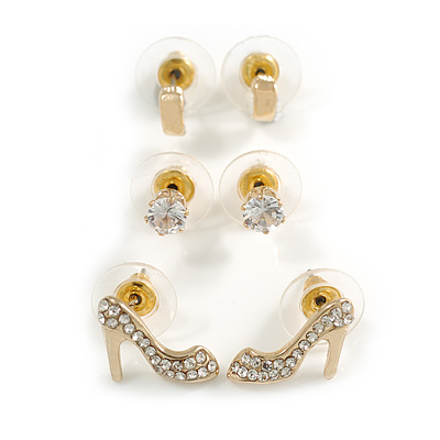 3 Pair Set of Shoe/Hook/Round Crystal Stud Earrings in Gold Tone - main view