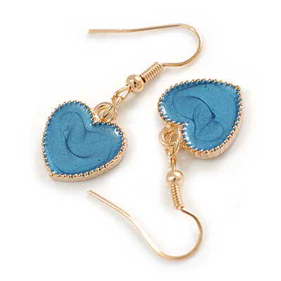 Small Blue Enamel Heart Drop Earrings in Gold Tone - 35mm Long - main view