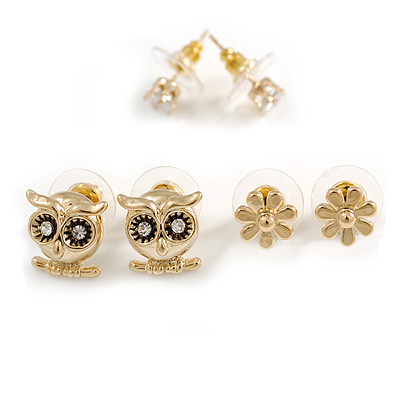 Set of 3 Stud Earrings in Gold Tone Owl/Flower/5mm Round Clear Crystal Bead